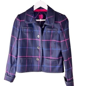 Joules Navy Blue Pink Blue Plaid Wool Blend Blazer Jacket Womens US 4